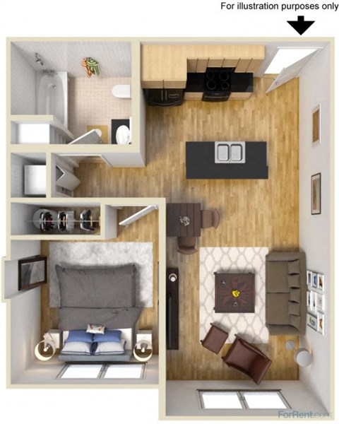 a rendering of a living room with a bedroom